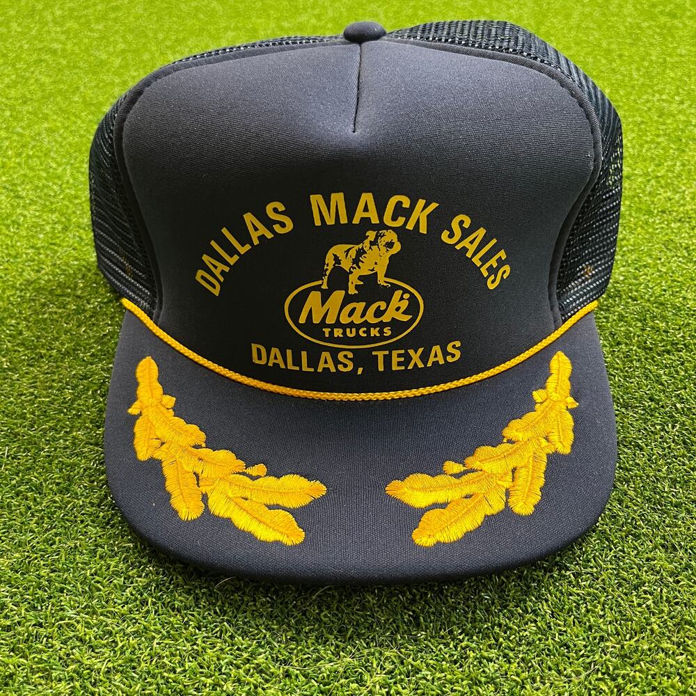 Vintage Navy Blue Nissin Mack Trucks Dallas TX Rope Trucker Hat Leaf Brim USA